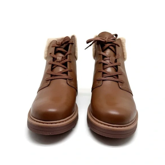 Clarks Leighly Lace Up Leather Boots with Faux Fur Cuff Brown Size 8 - Picture 3 of 11